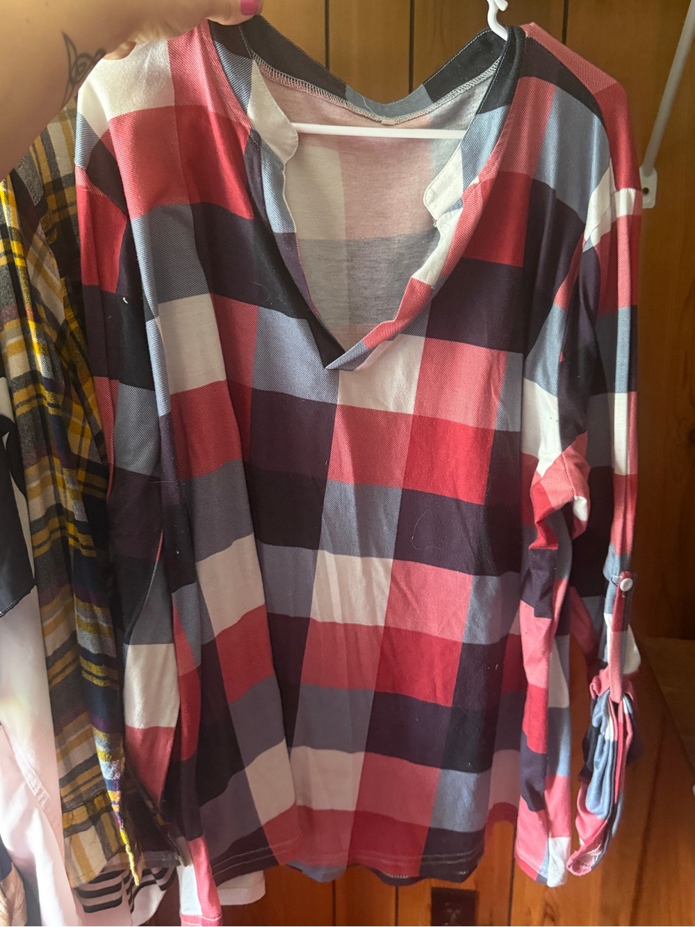 SHEIN Red, Blue & White Plaid Long Sleeve Blouse